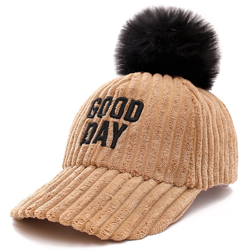 Goede Dag Brief Vrouwen Winter Baseball Cap Mode Pompoms Hoed Voor Vrouwelijke Herfst Casual Flanel Warm Cap: Camel