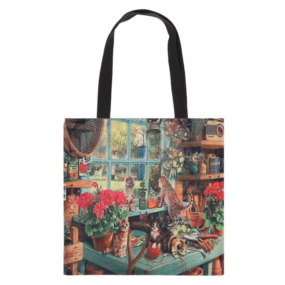 Women Printed Shopping Bag Casual Single Shoulder Bag Waterproof Cartoon Large Linen Cat Oil Shopper Tote Handbag: 02