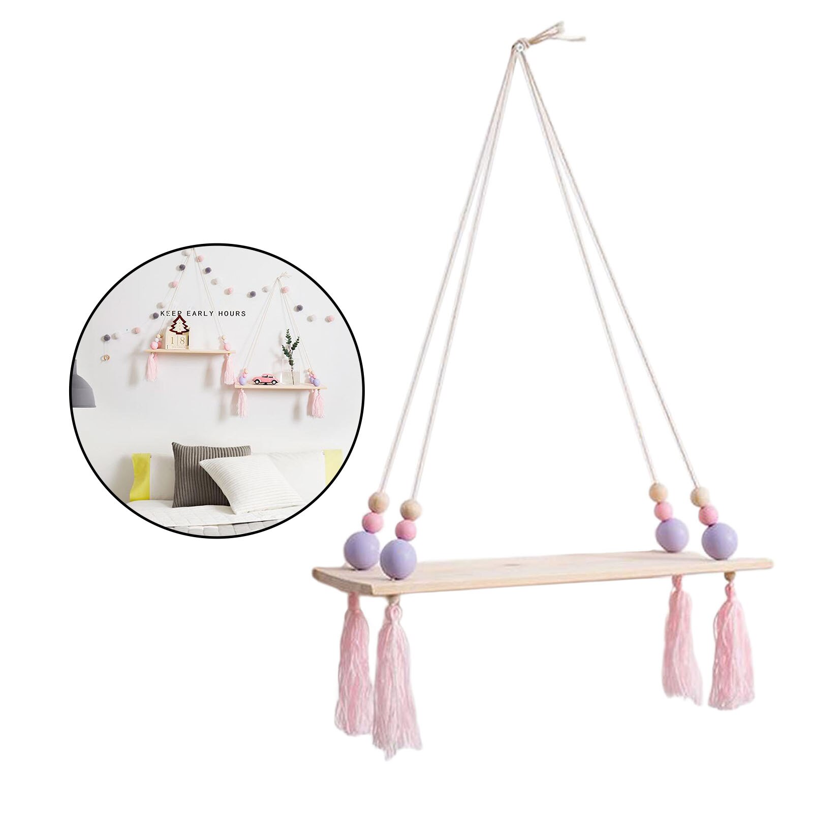 Wooden Wall Shelf Rope Hanging Floating Shelf Flower Pot Stand Purple Bead: Purple Bead