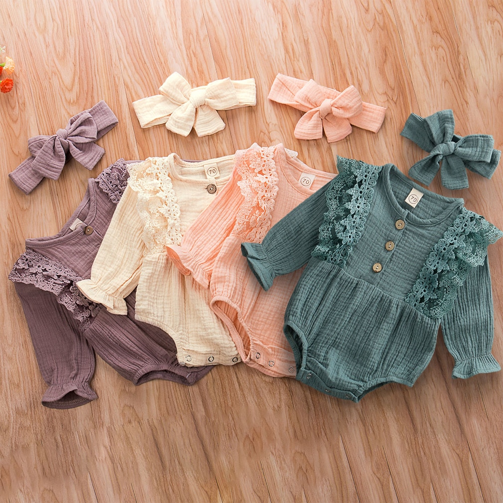 Pudcoco Pasgeboren Baby Meisje Kleding Effen Kleur Kant Ruche Lange Mouw Kinnted Katoen Romper Jumpsuit Hoofdband 2 Stuks Outfits Set