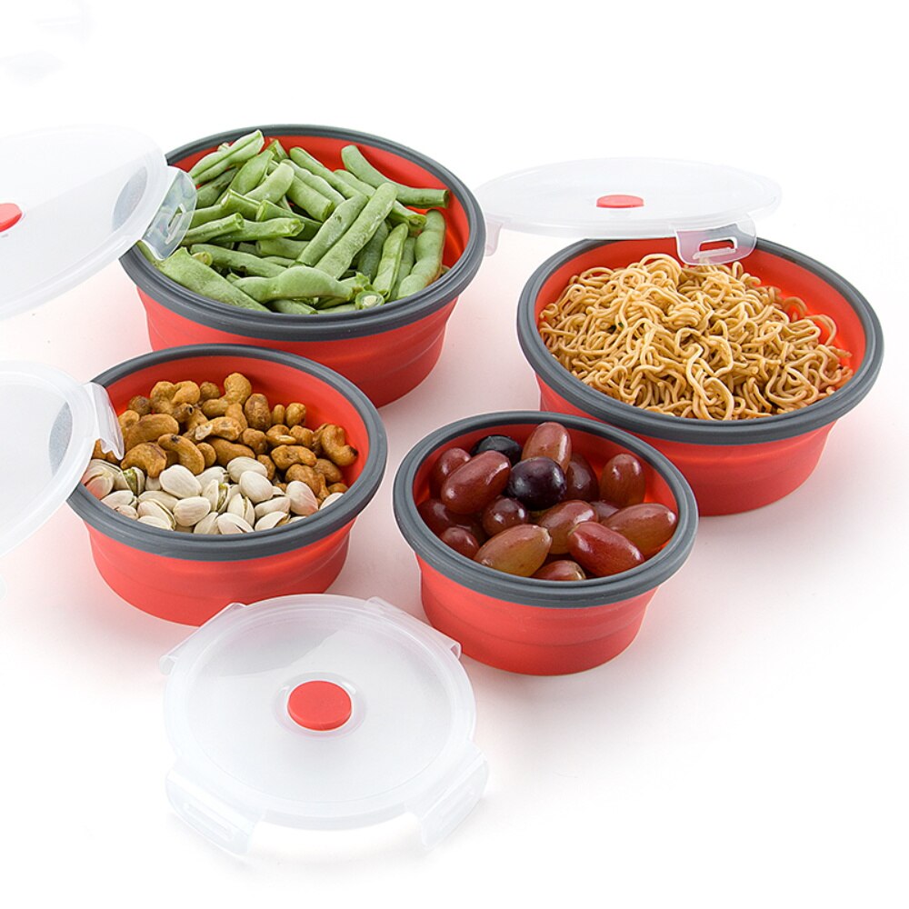 Silicone Pliable De Récipient De Stockage De Nourriture avec Le Couvercle Hermétique et Bols de Préparation de Repas Boîte À Lunch Ronde pour L'extérieur Micro-ondes: Red / Three piece set