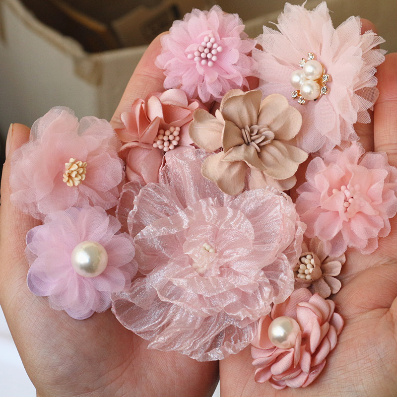 Fleurs en mousseline de soie, 10 pièces/lot, série rose, Styles mixtes, ensemble pour robe de mariée, chapeau, chaussures, décoration