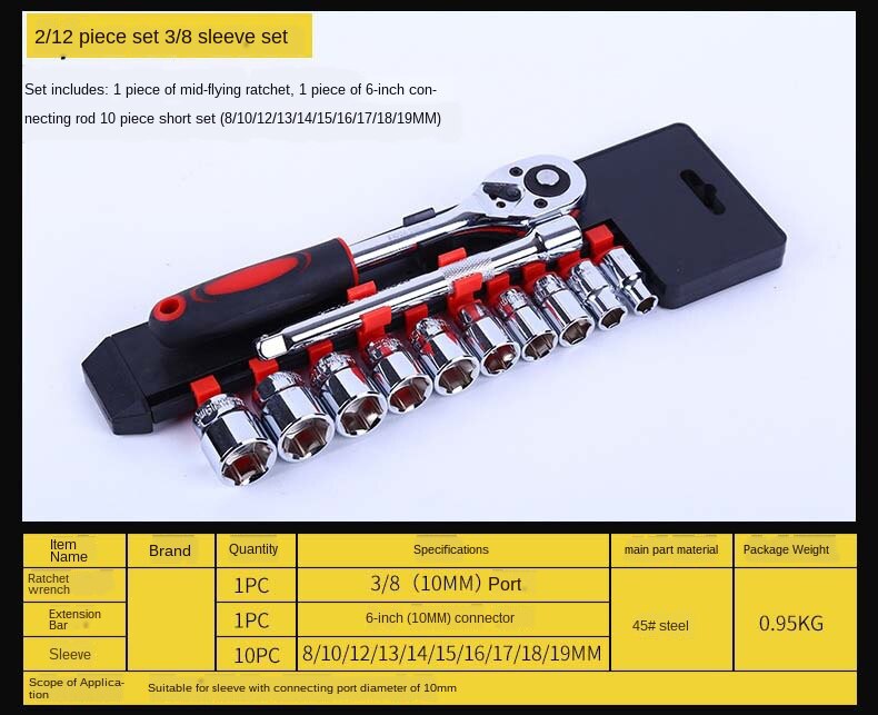 12 Pieces Ratchet Torque Wrench Set Hexagon Socket Wrench Combination 1/4 3/8 1/2 Car Repair Wrench Tool Quick Wrench: 3-8(12pcs)