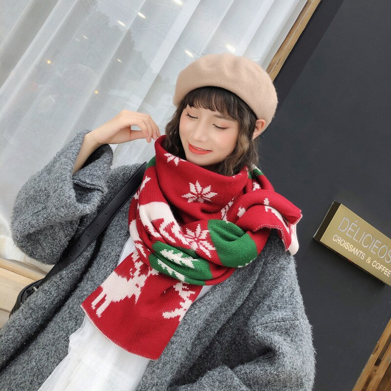 Johnature hiver noël écharpe dessin animé imprimer femmes laine Jacquard 14 couleurs noël femmes écharpes: T01 Beige