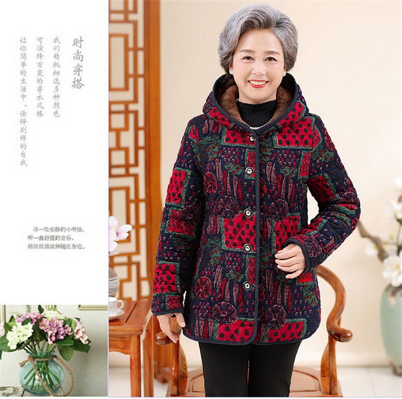 Plus size oudere vrouwen winterjas met capuchon warm plus fluweel dikke katoenen jas oma losse bedrukte winterparka bovenkleding: Kleur 2 / Xxxl