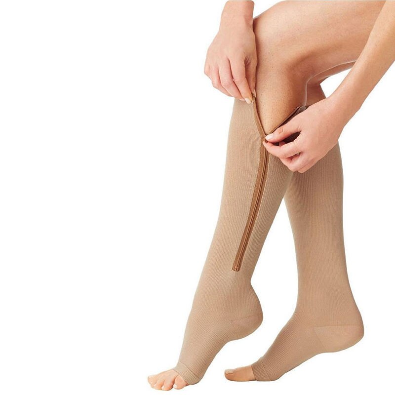 Dragkedja kompressionsstrumpor herr & dam tryck nylon dragkedja knä strumpor unisex benstöd stretch tryck öppen tå långa strumpor
