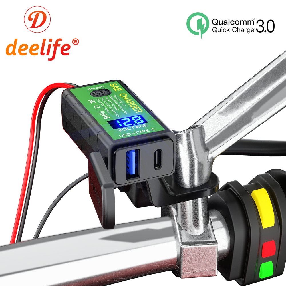 Deelife-cargador USB de 12v para motocicleta, conector SAE de 12V, resistente al agua, con puerto tipo C de carga QC 3,0, accesorio para moto