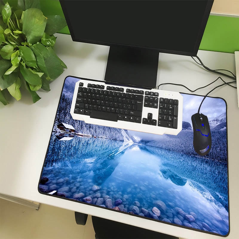 XGZ Landscape Large Size Mouse Pad Lock Side Winter Cottage Snowflake Falling Laptop PC Table Mat Rubber Universal Non-slip