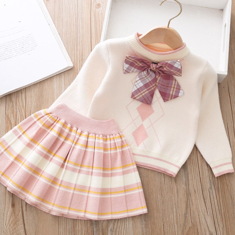 Falda corta a cuadros con lazo para niñas, ropa de invierno para niños pequeños, suéteres de invierno, suéter para niños pequeños, ropa de otoño, 2022: pink / 4T