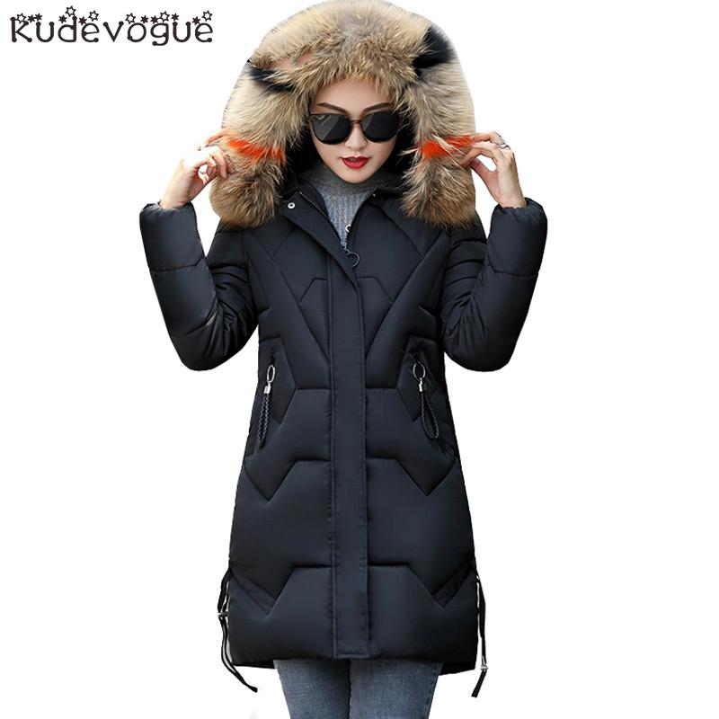 Winter Vrouwen Jas Dikke Warme Hooded Slim Down Katoenen Parka Bontkraag Gewatteerde Uitloper Jassen Lange Kleding Plus Size 3XL