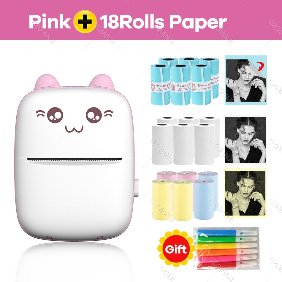 Thermal Printer 203DPI Portable Bluetooth 4.0 Thermal Photo Printer Wireless Inkless Mini Pocket Label Notes Printer With Papers: PK add 6WH6ST6CO