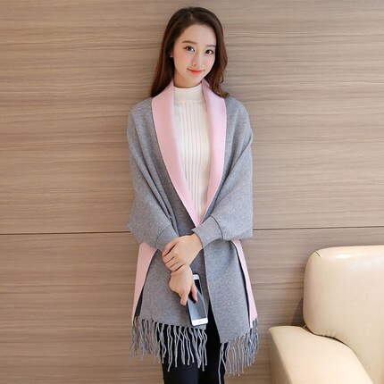 Kmetram otoño e invierno mujer suéter cárdigan poncho de punto con borlas sueltas para bodas de mujer suéter con capa y chal con mangas de murciélago  hh589: Gris con rosa