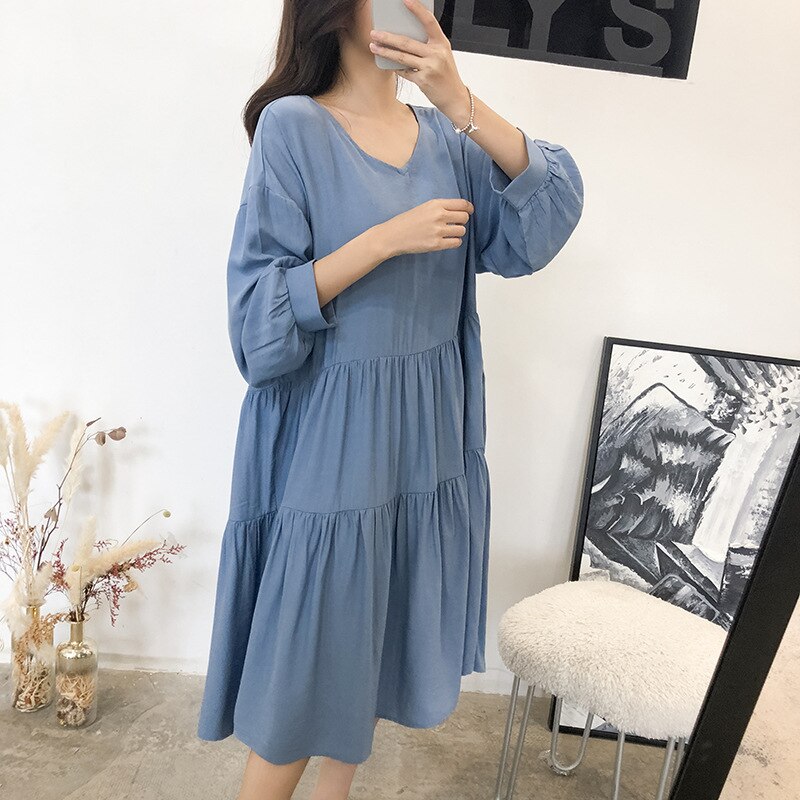 Summer Cool Long-sleeved Night Gowns Large Size Women Loose Style Solid Colors Blue Black Colors Home Night Gown Cotton