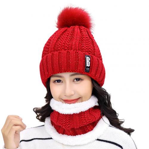 Vinter kvinder tyk strikket beanie hat plys hals gamacher tørklæde udendørs ridning sæt familie matchende kasketter hatte: Rød