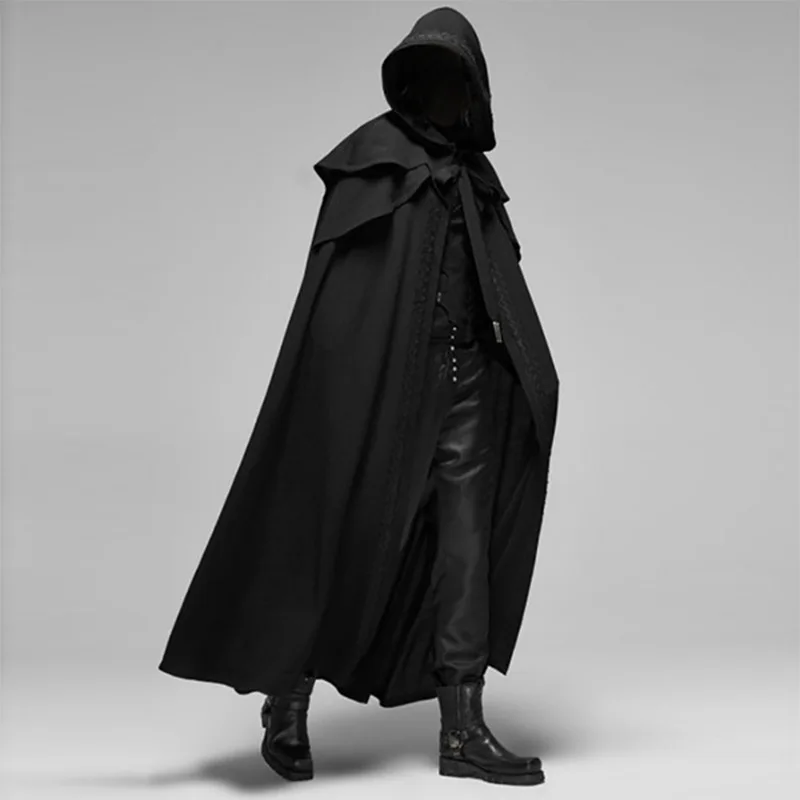 Fantasia Medieval Retro para Homens, Trajes de Cavaleiro, Pirata, Príncipe, Capas com Capuz Gótico, Roupas Longas, Jaquetas para Carnaval e Halloween: XL / Preto