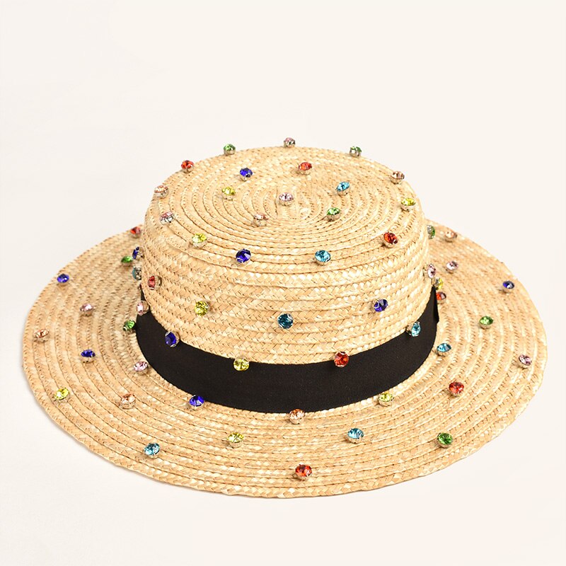 Paja de trigo Natural hecha a mano, decoración de costura de diamantes, sombrero de paja de jazz, viaje al aire libre, Playa