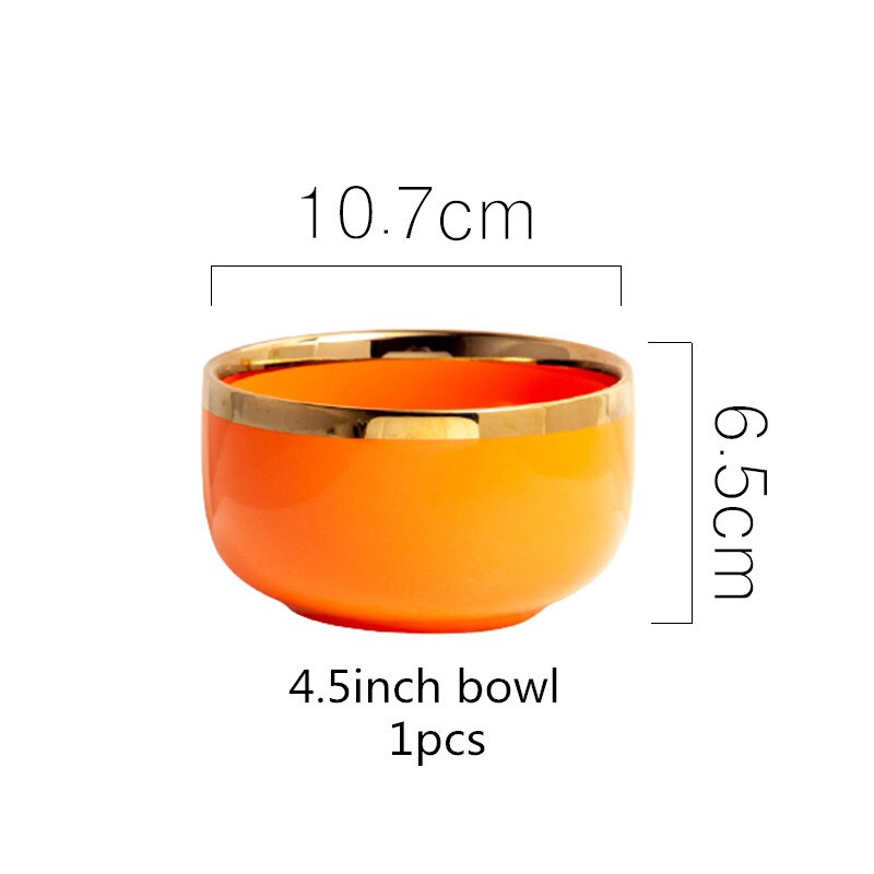 High Bright Gilt Rim Orange Porcelain Dinner Tray Kitchen Plates Ceramic Tableware Food Dishes Rice Salad Noodles Bowl: 4.5inch bowl 1pcs