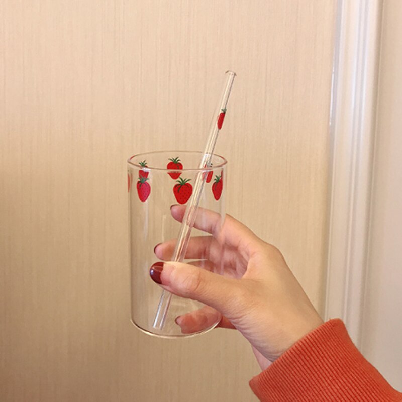 Ins Nana-vasos de fresa resistentes al calor para café, leche, agua, con pajita, transparentes, bonitos, para zumo, bebidas frías