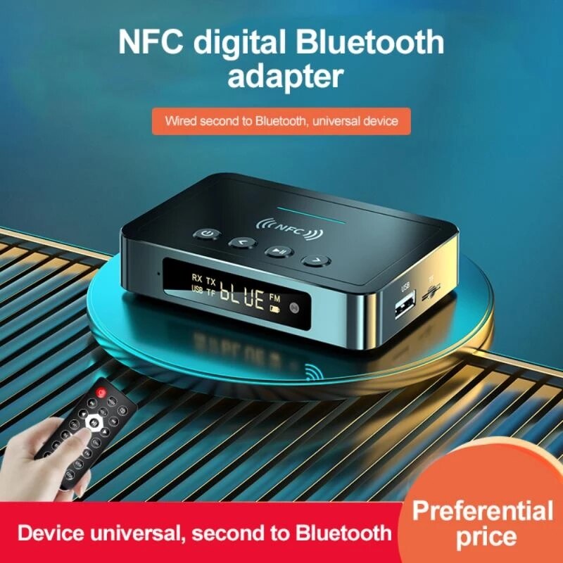 Digital Display NFC Bluetooth Audio Receiver Transmitter 5.0 FM Stereo 3.5mm AUX Jack for Car PC TV RCA Optical Wireless Adapter