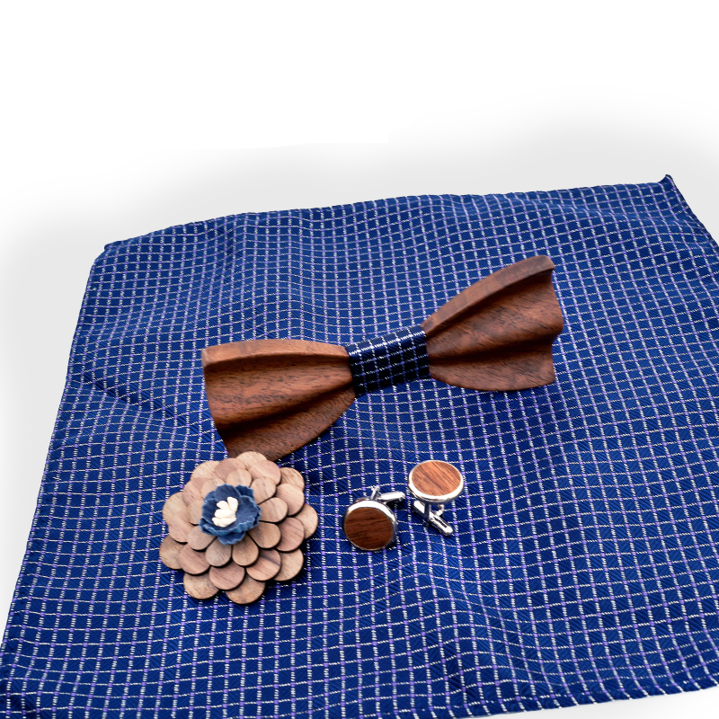 Justerbar 3d træsløjfe sæt plaid blomsterlomme firkantet broche og manchetknapper med trææske til mænd butterfly sæt