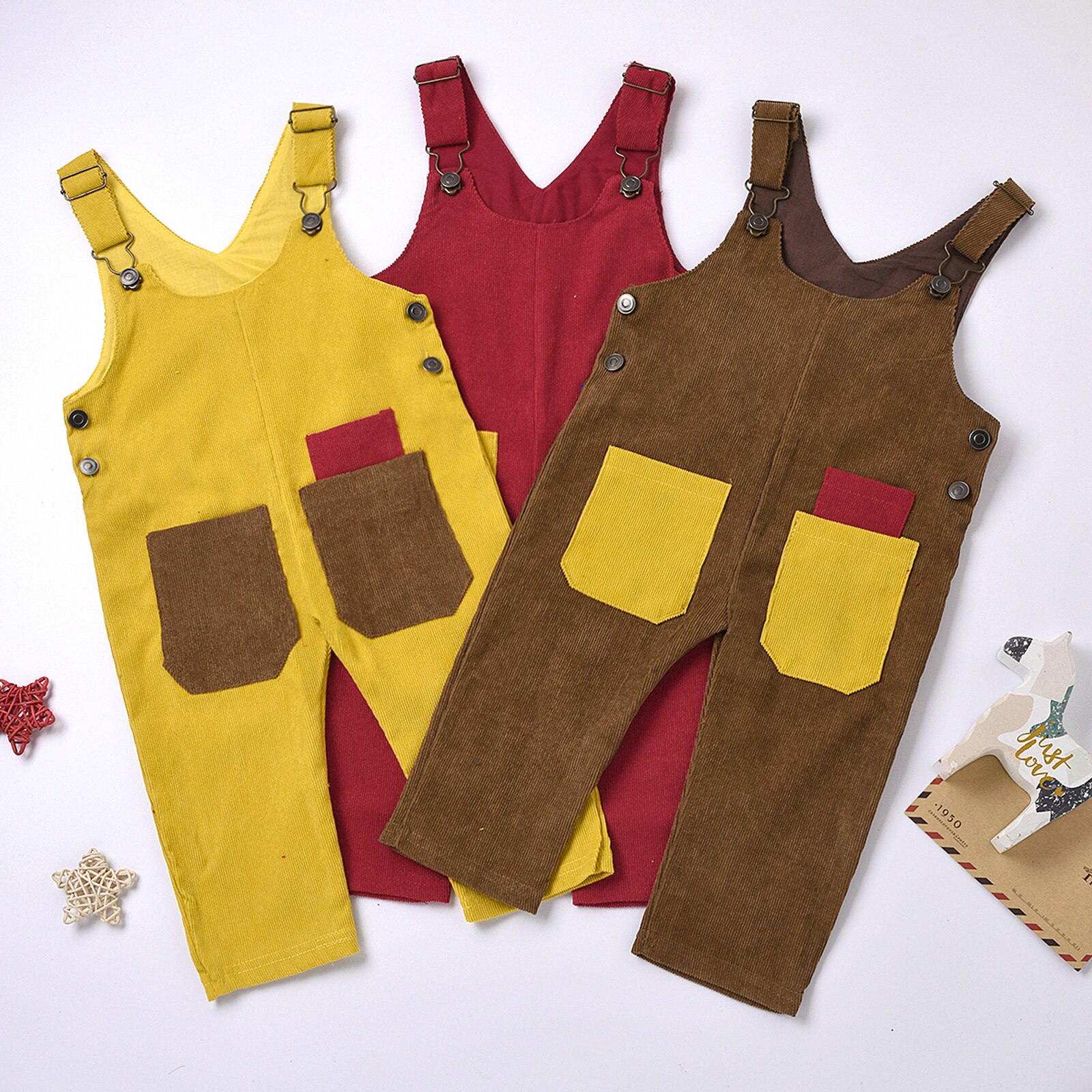 Peuters baby bretels broek romper corduroy jumpsuit herfst mouwloos zijzak patch kleur kinderen overalls knopen kleding