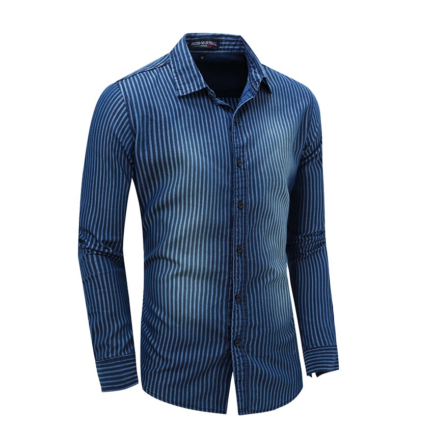 The Spring Large Size Men's Wear Collar Cardigan Long Sleeved Shirt Striped Cowboy Shirt 58.8