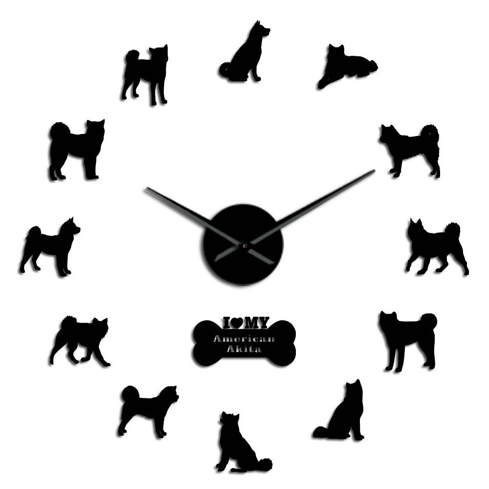 Amerikansk akita hunderace selvklæbende 3d diy vægur akita ejer stue unikt spejlklistermærke ur: Sort / 27 tommer