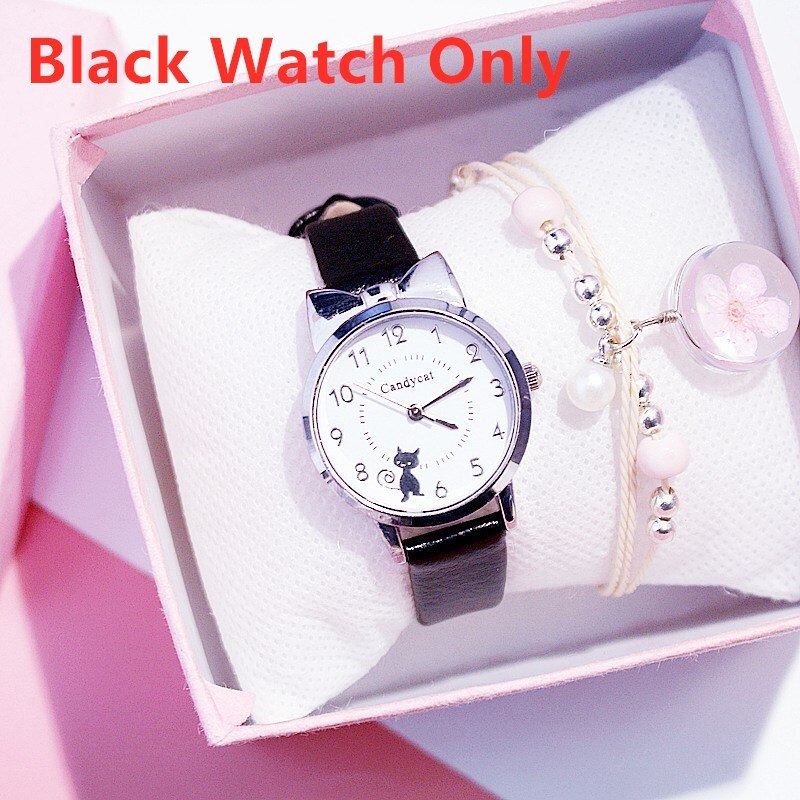 Studenten Kinderen Roze Horloge Meisjes Lederen Kind Kids Zwarte Kat Quartz Horloge Ronde Analoge Klok Horloges: Black Watch Only