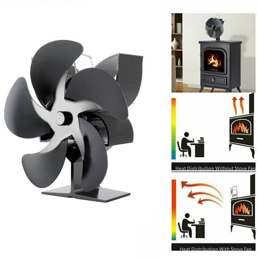 Heat Powered Stove Fan Tools Accessories Supplies Home Log Wood Burner Double Head 5 Blades Eco Quiet