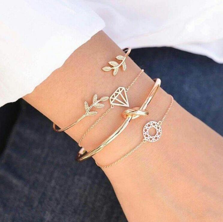 Docona 4 teile/satz Trendy Blatt Hand Manschette Gold Kette Geometrie Öffnen Armband set Frauen Charme Strand Schmuck Armbänder 6115: Default Title