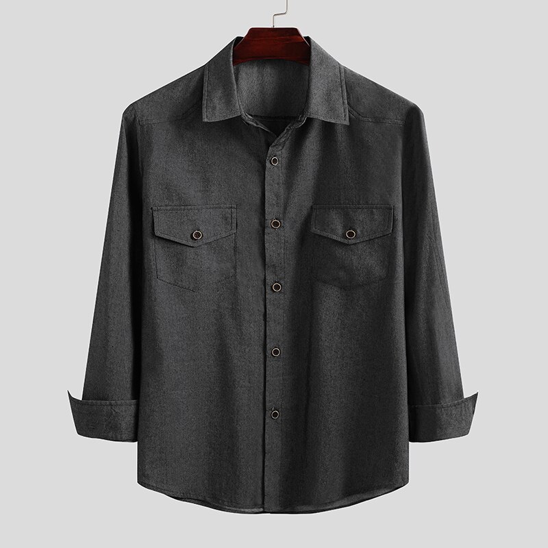 Incerun män jeansskjorta långärmad turn down krage streetwear tunna toppar arbetsskjortor höst chica fickor camisas: Svart / 5xl