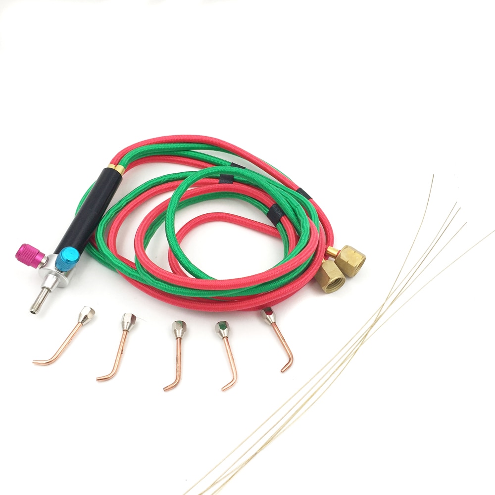 La pequeña antorcha de gas de soldadura con 5 puntas y manguera doble Flexible para soplete de oxígeno acetileno y 5 uds. Varillas de soldadura de 25cm