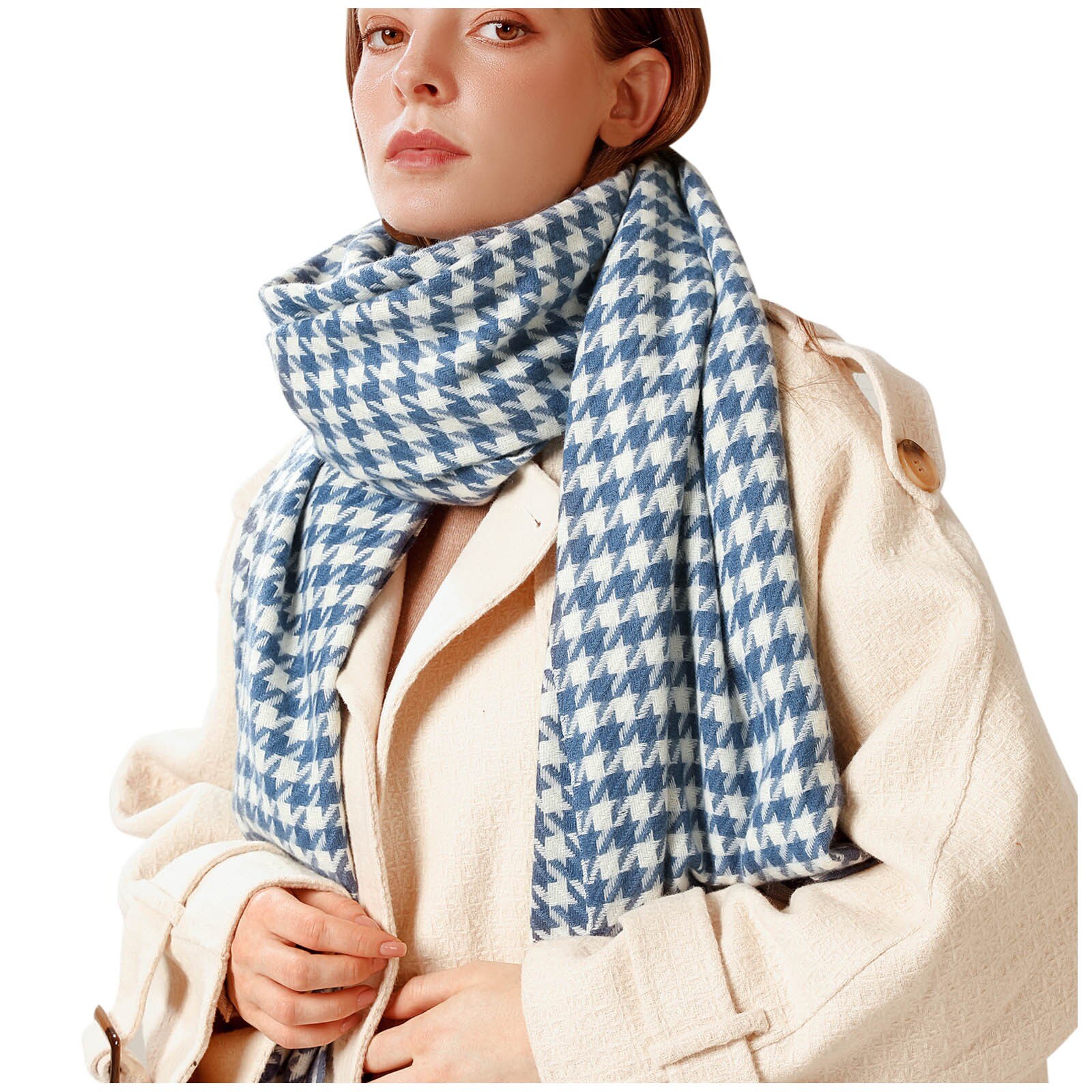 Foulards pour femmes hiver doux décontracté gland pied de poule impression silencieux szalik: Blue