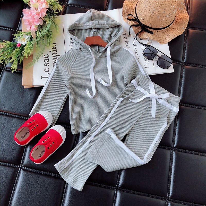 Del Bambino di modo Della Ragazza Ribed Vestiti Set di Cotone Maglia Con Cappuccio + Pant 2PCS di Autunno della Molla Della Ragazza Del Bambino Vestiti Lunghi Del Manicotto set 1-7Y