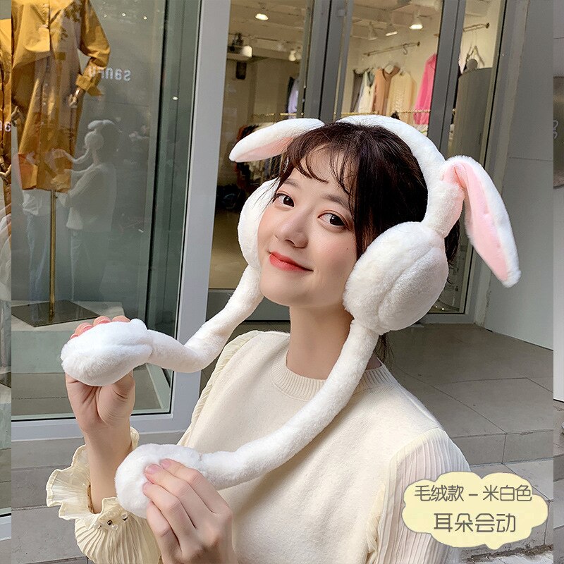 Protège-oreilles mobiles pliables avec oreille de lapin en hiver coupe-vent pour filles, protège-oreilles en peluche tricoté, oreilles de lapin poilu: Plush Beige