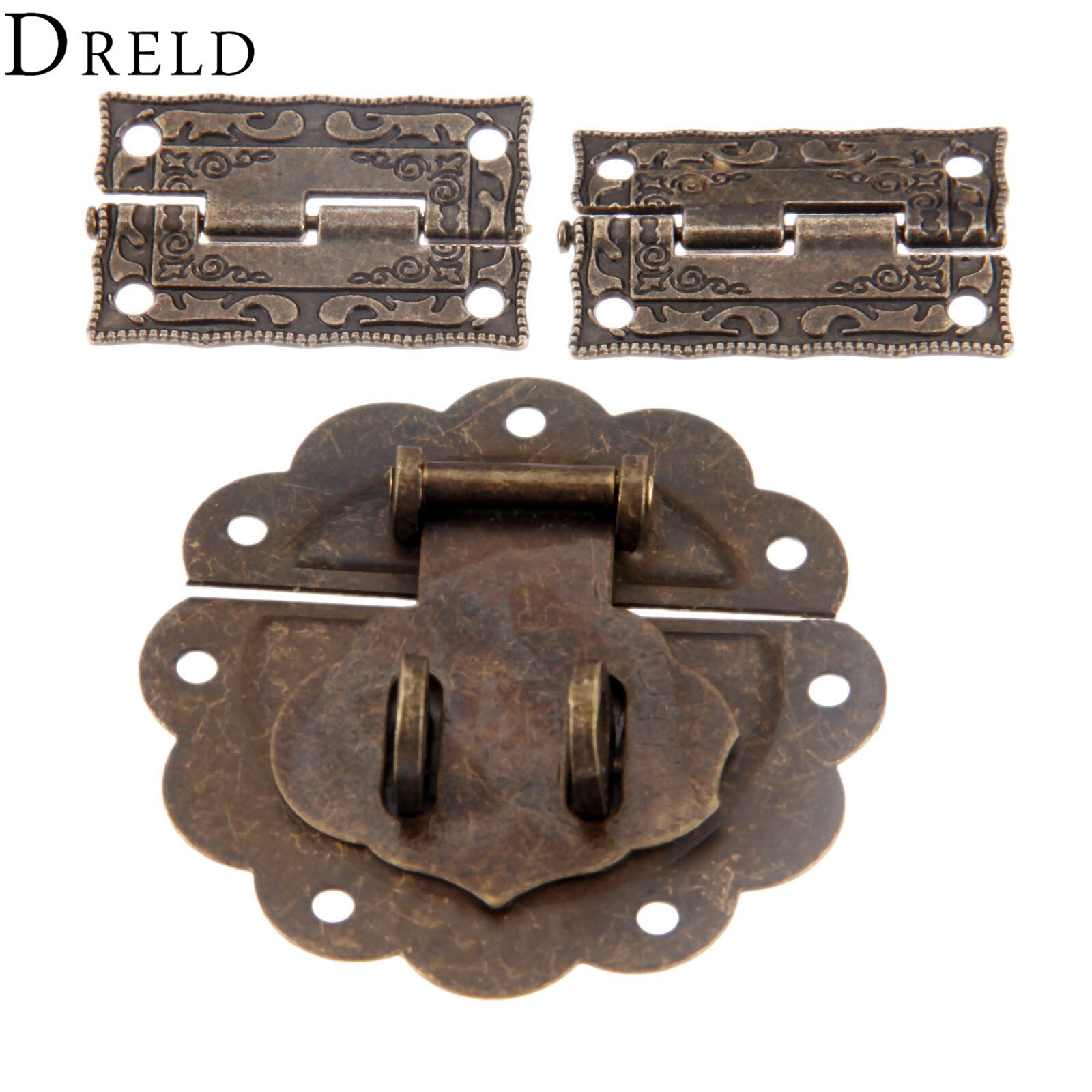 3 stk / sæt lås hasp skifte spænde + hængsler antik bronze vintage indretning møbler hardware smykker træ kabinet skab
