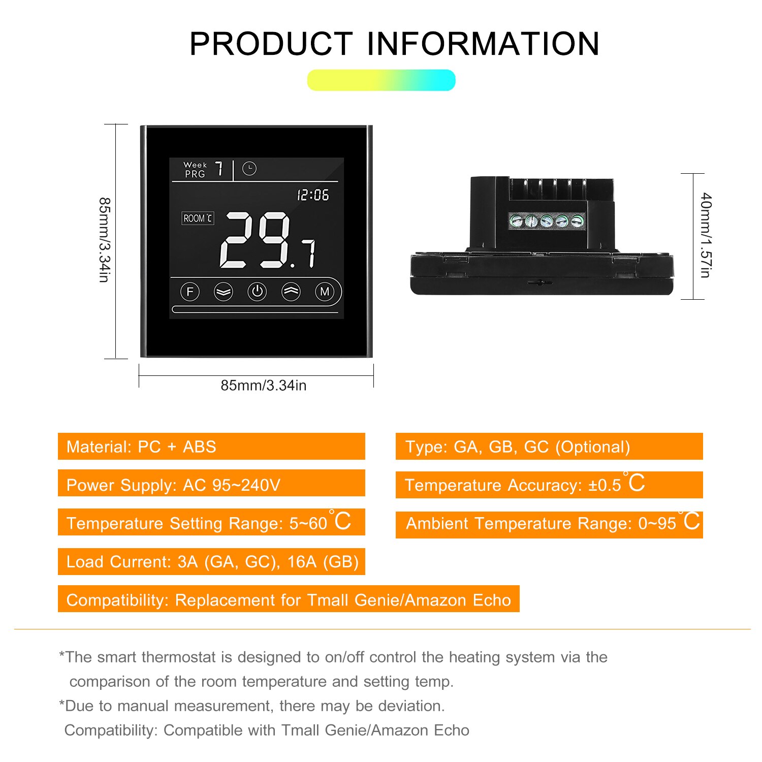 Smart Wifi Thermostat Programmable Electric Heating Thermostat Temperature Controller Touchscreen Backlight Remote Control