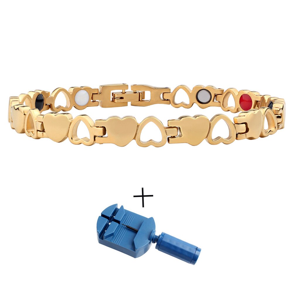 FINE4U B382 zdrowa bransoletka energetyczna Hearted Design stal nierdzewna opieka zdrowotna magnetyczna złota bransoletka łańcuch ręczny dla kobiet: Gold2