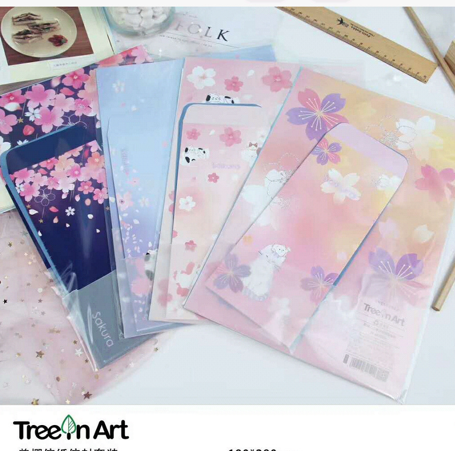 Sakura Envelope Writing Letter Paper Set US Cherry Office School Stationery Beautiful Flower Cute Cat Lover Messege Mail Holder