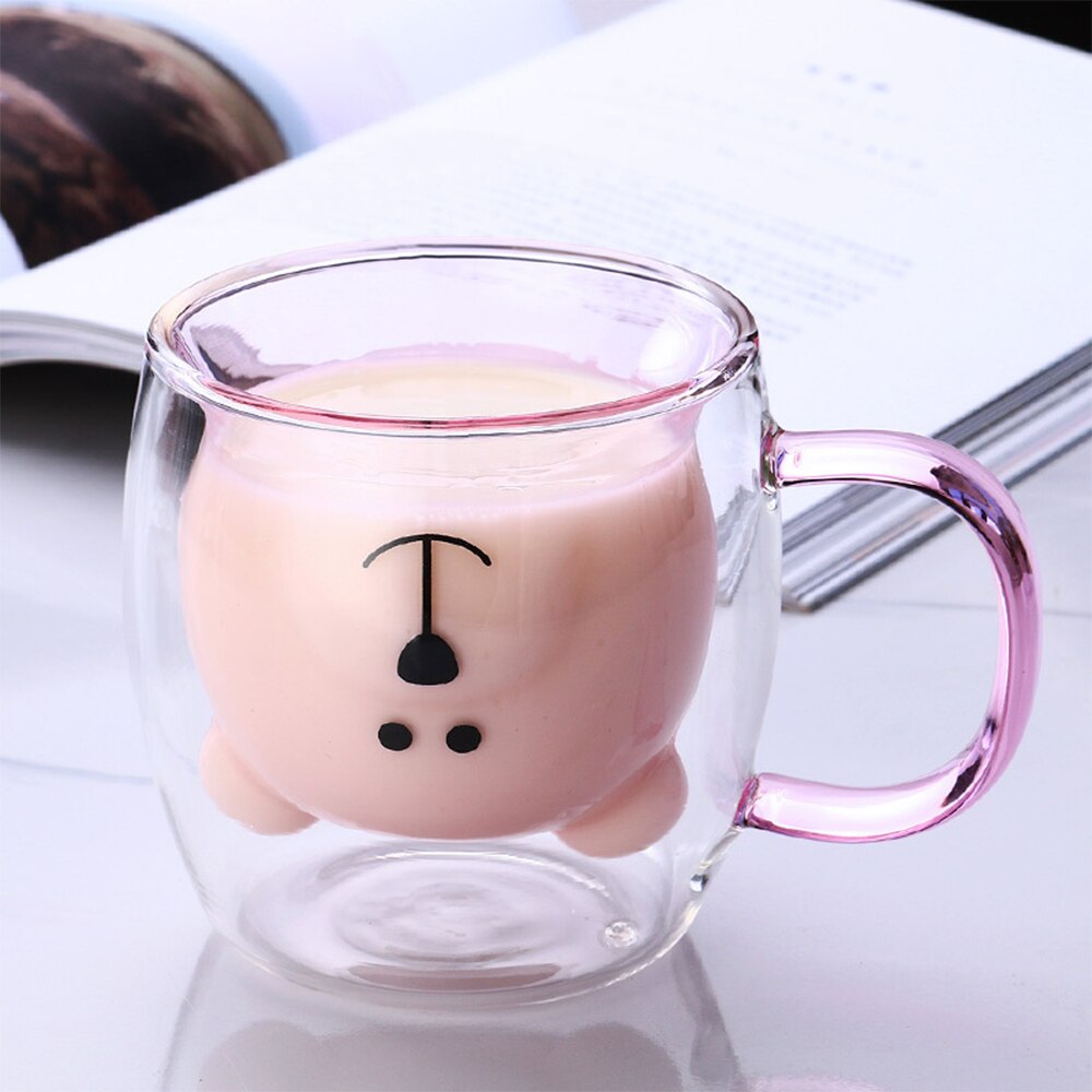Glass Mugs Cute Bear Cat Animal Double Wall Glass Mug Double-layer Glass Milk Mug Coffee Cup Christmas: Pink