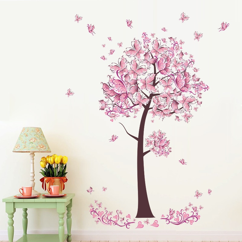 Pink Butterfly Tree Wall Sticker for Baby Girl Room Living Room Bedroom Wall Decor PVC Removable Poster Art Home Decals DC32