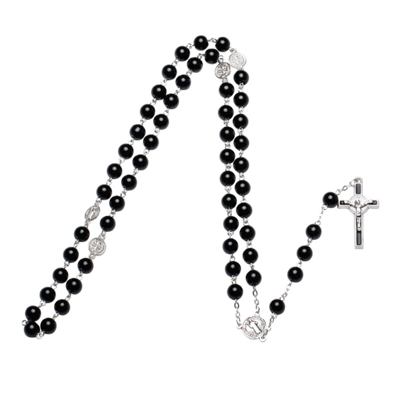 T84E Handgemaakte Ronde Glazen Bead Katholieke Rozenkrans Ketting Kruis Religieuze Hangers Lange Ketting Mannen Vrouwen Mode-sieraden: Default Title