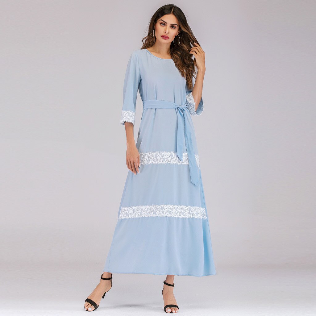 Abaya voor dames, lange mouwen, open steengroeve, vloerlengte, ritssluiting, vloerlengte, Turkse islamitische mode (Blauw, M