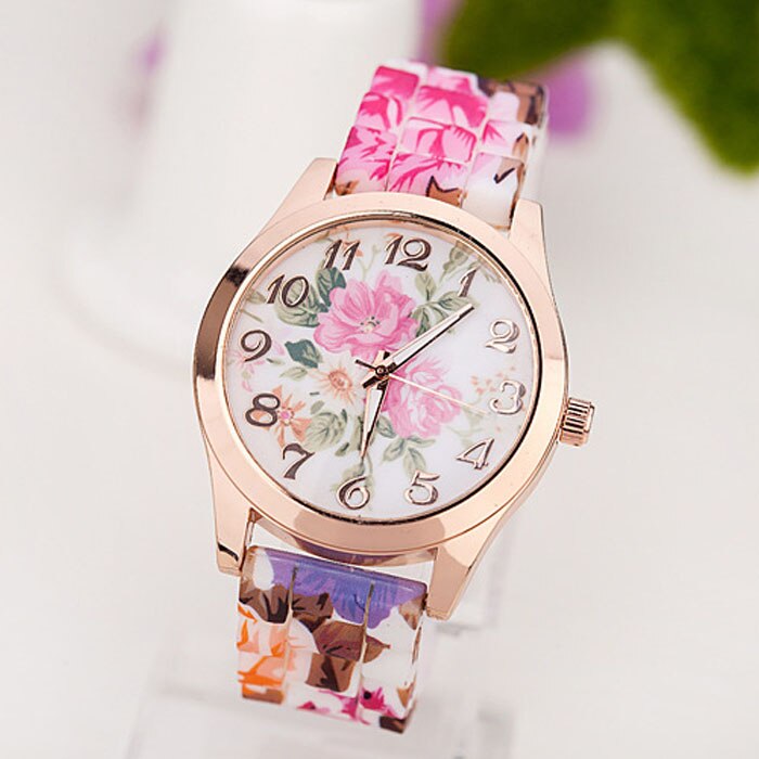 Mode Quartz Horloge Vrouwen Vogue Rose Bloemenprint Siliconen Horloges Dames Jelly Gel Sport Horloges Voor Vrouwen Mannen Meisjes # zer: Hot Pink