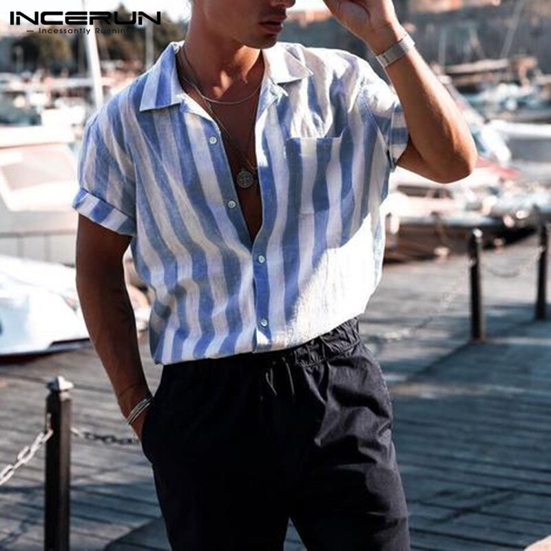 Incerun Mode Casual Shirt Mannen Gestreepte Korte Mouwen Revers Ademend Chic Blouse Camisa Masculina Shirts Mannen S-5XL