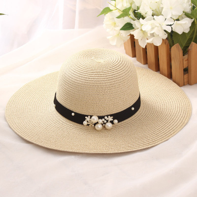 summer straw hat women big wide brim beach hat sun hat foldable sun block UV protection pearl panama hat bone chapeu feminino: Beige