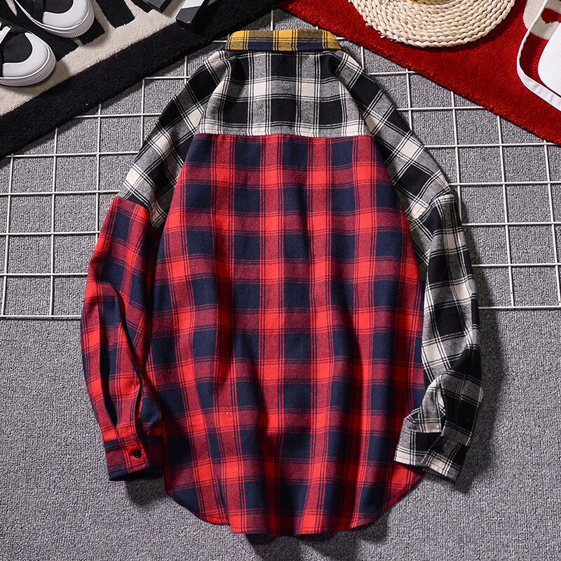 Spring And Autumn Plaid Long-Sleeved Shirt For Men And Women Couples Loose Color Matching Hip-Hop Trend Thin Shirt