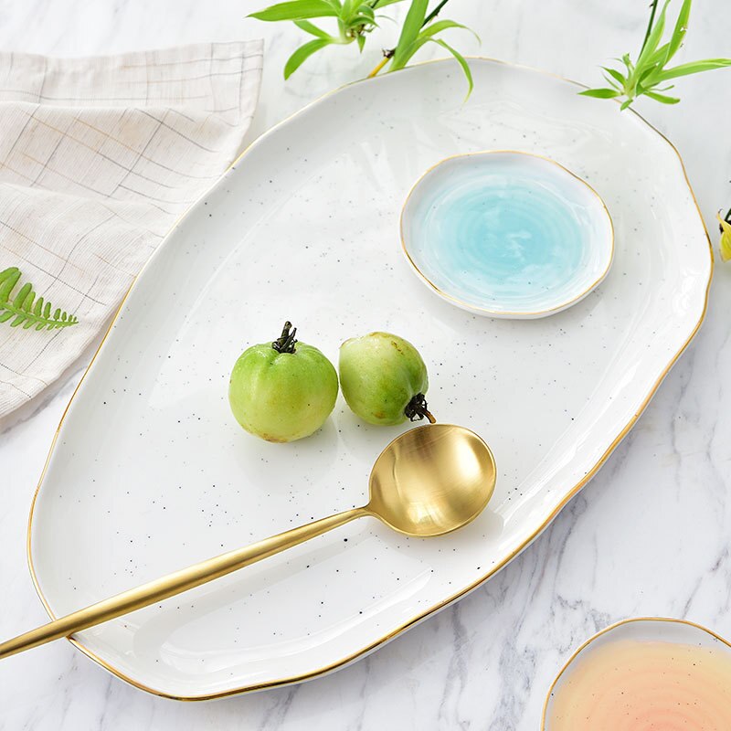 Marble Plates Ceramic Dinner Set Gold Inlay Porcelain Dessert Plate Steak Salad Snack Cake Plates Tableware Dinnerware Sets