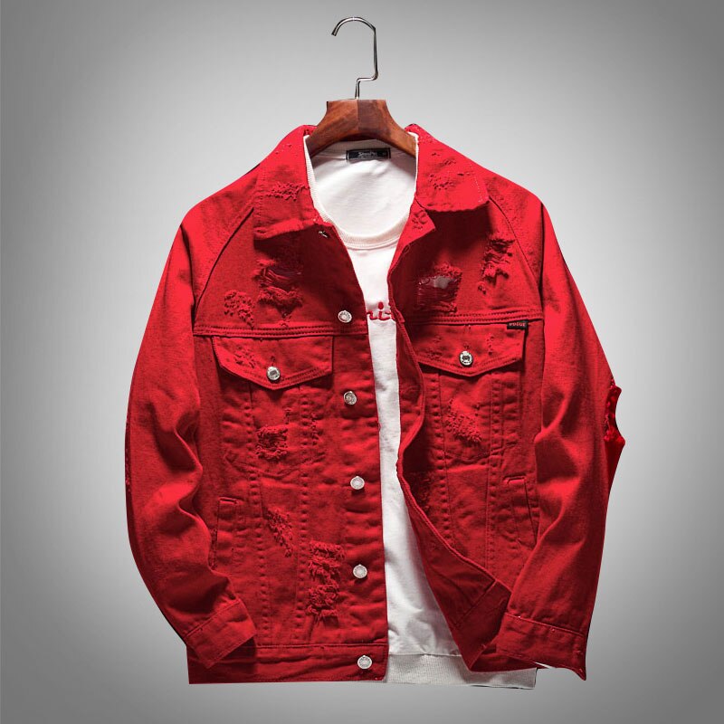 Veste en jean déchiré à revers pour homme, style décontracté, rouge, à la