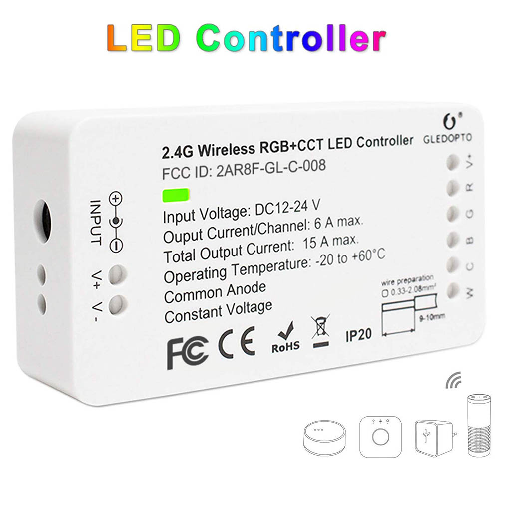 ZIGBEE 2.4G Wireless RGBW+CCT LED Controller 12V-24V APP Voice Control LED Strip Lights Smart Dimmer